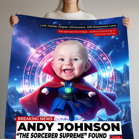 Personalized Sorcerer Baby Blanket – Custom CNN Superhero Design with Magic Quote & Photo